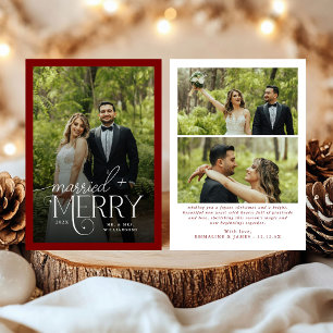 Deep Red Merry & Married Photo Newlyweds Christmas Holiday Card