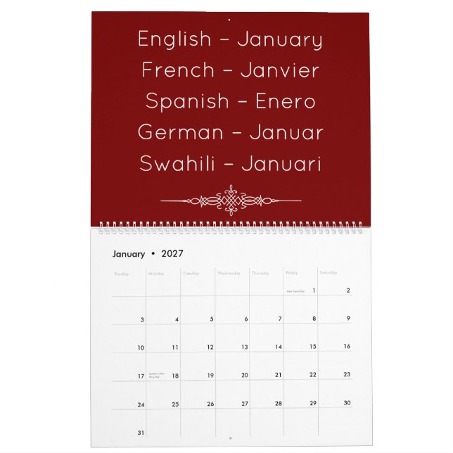 Deep Red  Multilingual Calendar (Jan 2027)