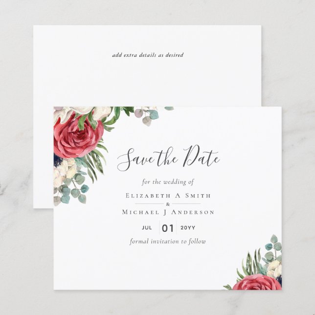 Deep Red Navy Floral Eucalyptus Greenery Wedding (Front/Back)