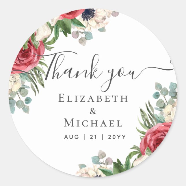 Deep Red Navy Floral Eucalyptus Greenery Wedding Classic Round Sticker (Front)