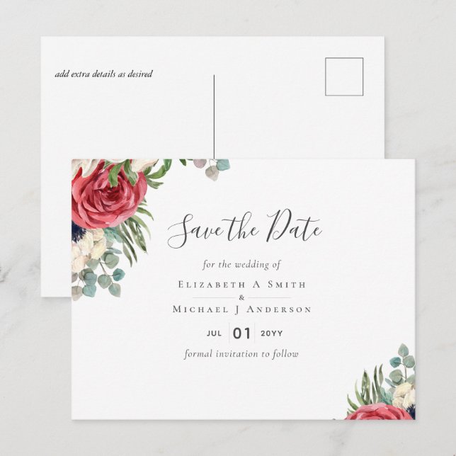 Deep Red Navy Floral Eucalyptus Greenery Wedding Postcard (Front/Back)