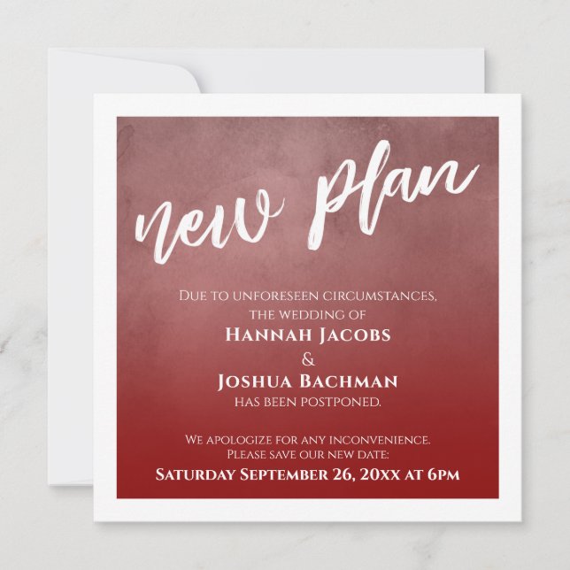 Deep Red Ombre Postponed Wedding New Plan Card (Front)