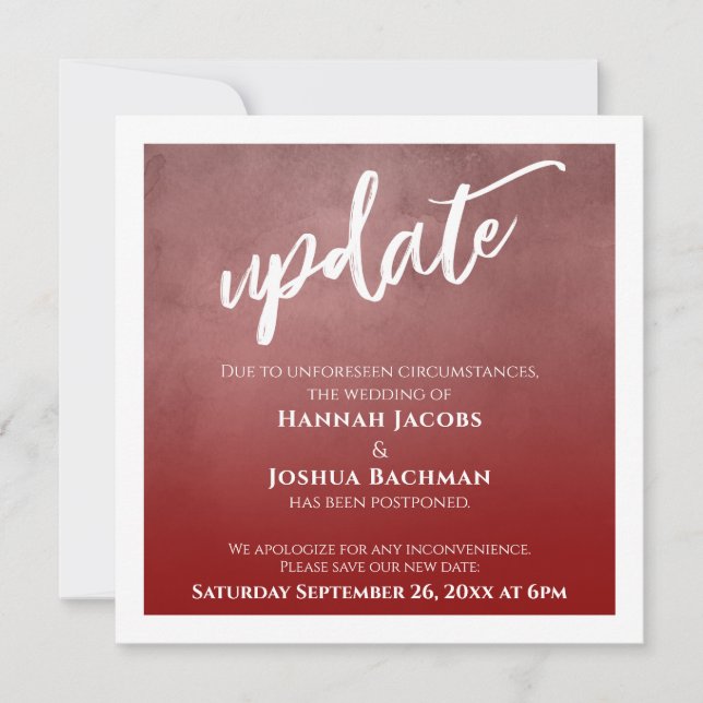 Deep Red Ombre Postponed Wedding Update Card (Front)
