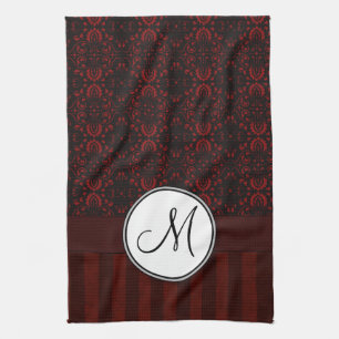 Deep Red on Black Damask and Stripes with Monogram Tea Towel