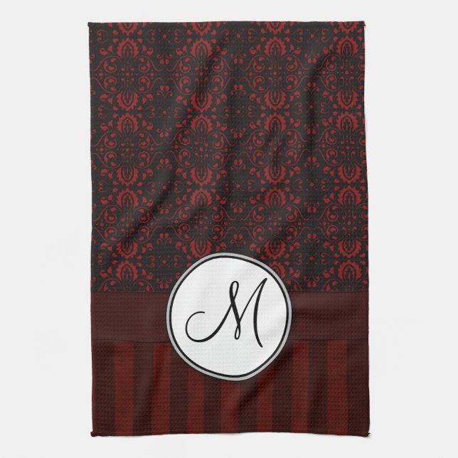 Deep Red on Black Damask and Stripes with Monogram Tea Towel (Vertical)