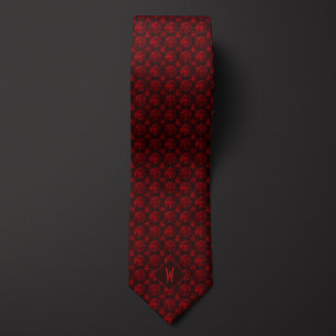 Deep Red on Black Mandala Monogram Tie