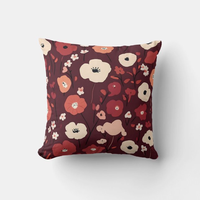 Deep Red Pillow with Creamy Floral Cluster Design (Front)