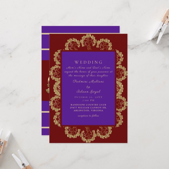 Deep Red & Purple Indian Style II Wedding  Invitation (Front/Back In Situ)