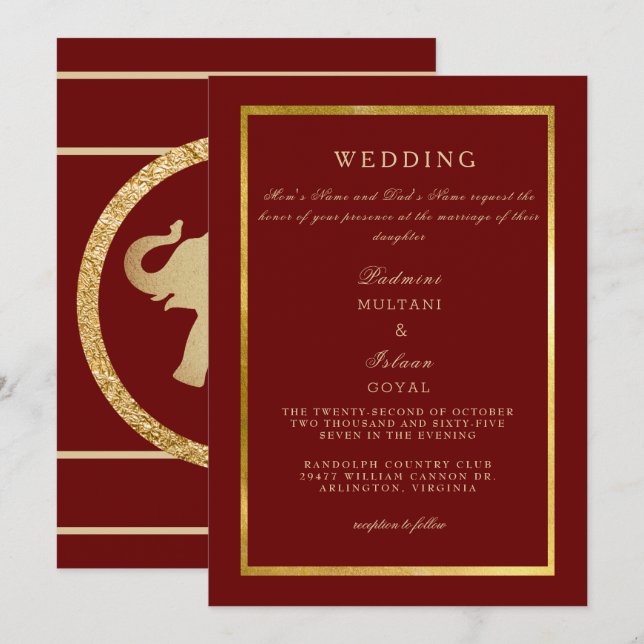 Deep Red Regal Gold Wedding  Invitation (Front/Back)