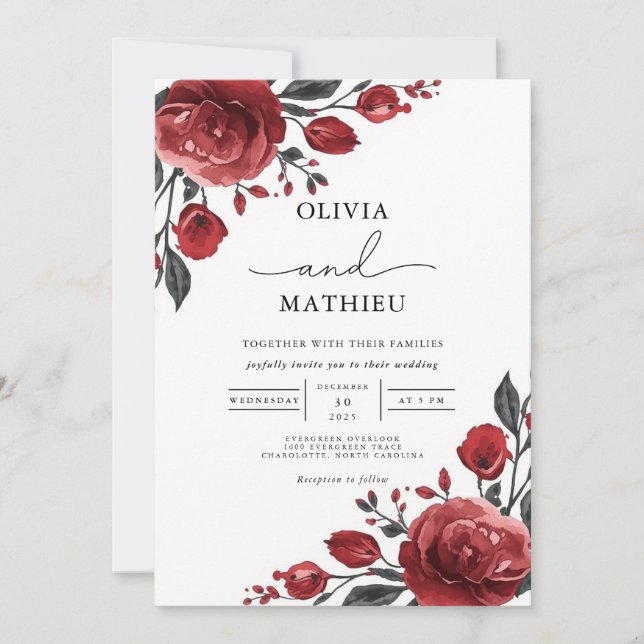 Deep Red Rose Bloom Wedding Invitation (Front)