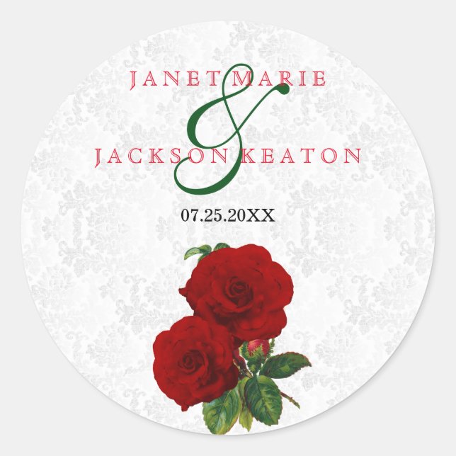 Deep Red Rose Floral Wedding Classic Round Sticker (Front)