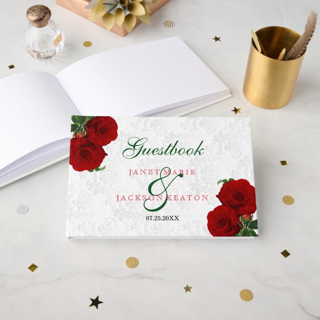 Deep Red Rose Floral Wedding - Guestbook (Front Open)