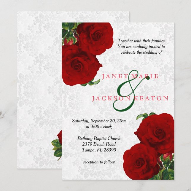Deep Red Rose Floral Wedding Invitation (Front/Back)