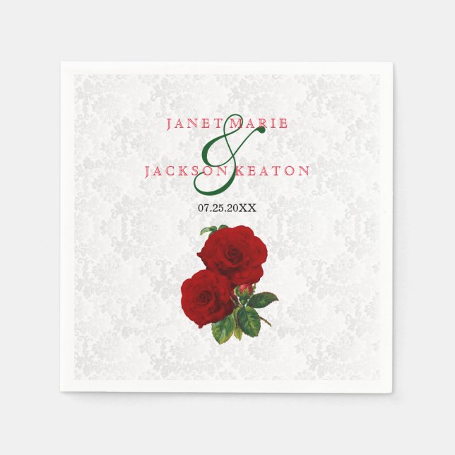 Deep Red Rose Floral Wedding Napkin (Front)