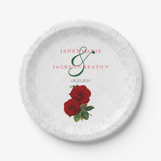 Deep Red Rose Floral Wedding Paper Plate (Front)