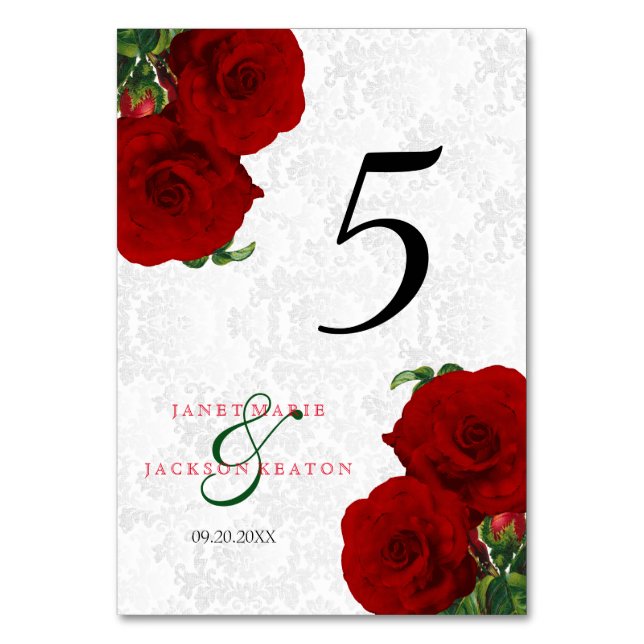 Deep Red Rose Floral Wedding  - Table Card (Front)