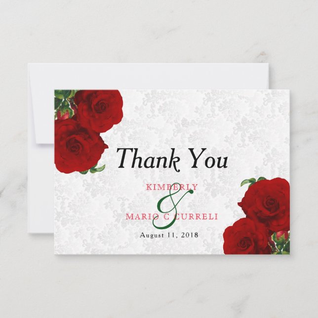 Deep Red Rose Floral Wedding - Thank You Card (Front)