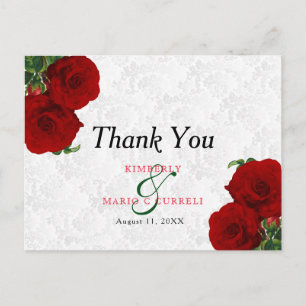 Deep Red Rose Floral Wedding - Thank You Postcard