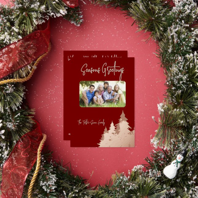 Deep Red & Rose Gold Christmas Trees Photo  Foil Holiday Card (Insitu)