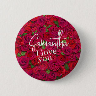 Deep Red Rose Pattern I Love You With Custom Name 6 Cm Round Badge