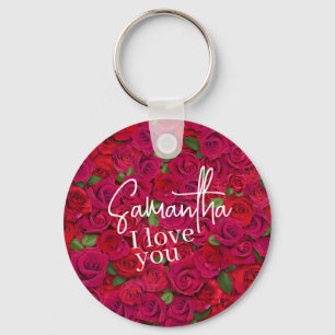 Deep Red Rose Pattern I Love You With Custom Name Key Ring