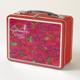 Deep Red Rose Pattern I Love You With Custom Name Metal Lunch Box