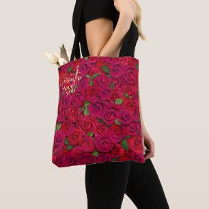 Deep Red Rose Pattern I Love You With Custom Name Tote Bag