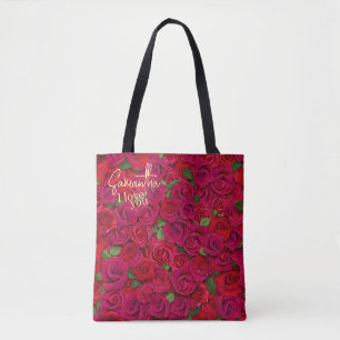 Deep Red Rose Pattern I Love You With Custom Name Tote Bag