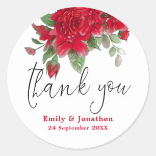 Deep Red Roses Elegant Script Thank You Names Classic Round Sticker