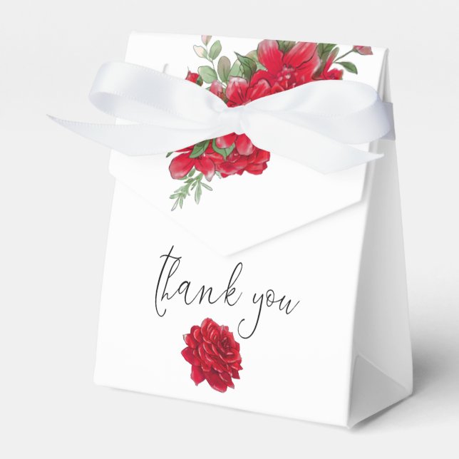 Deep Red Roses Florals Names Date White Favour Box (Front Side)