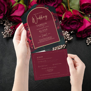Deep Red Roses Forest Green Winter Wedding All In One Invitation
