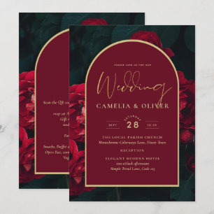 Deep Red Roses Forest Green Winter Wedding Invitation