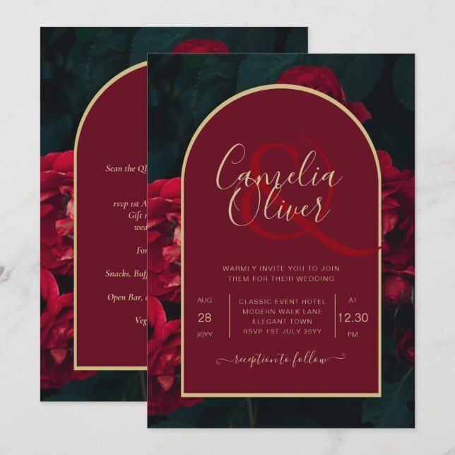 Deep Red Roses Forest Green Winter Wedding Invitation (Front/Back)