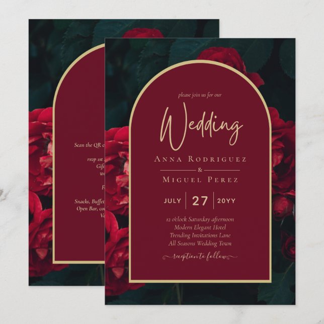 Deep Red Roses Forest Green Winter Wedding Invitation (Front/Back)