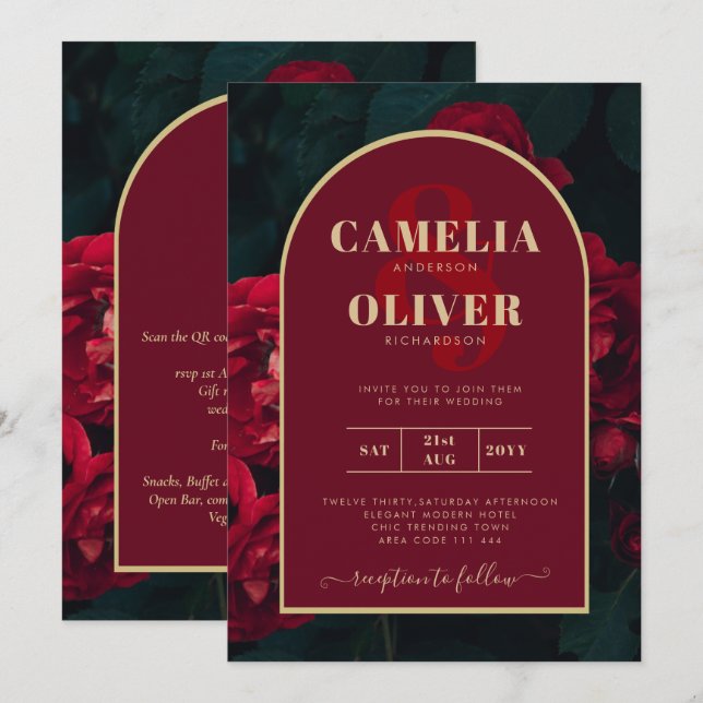 Deep Red Roses Forest Green Winter Wedding Invitation (Front/Back)