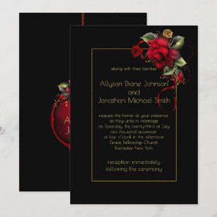 Deep Red Roses Greenery Gold Sparkles Wedding   Invitation