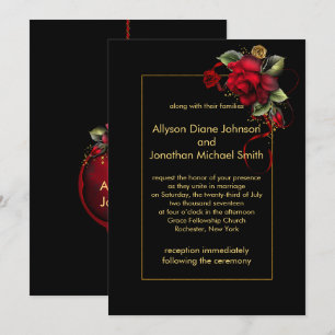 Deep Red Roses Greenery Gold Sparkles Wedding   Invitation