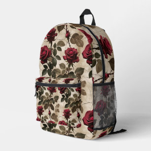 Deep Red Roses With Dark Green Leaves Printed Backpack
