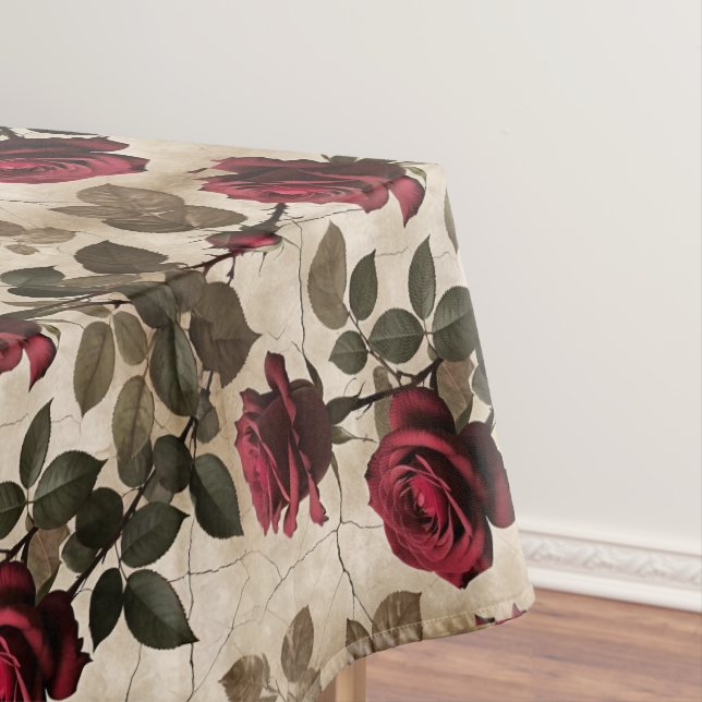 Deep Red Roses With Dark Green Leaves Tablecloth (In Situ)