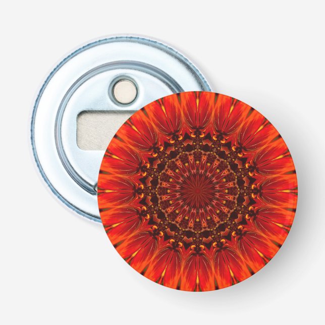 Deep Red Rudbeckia Floral Mandala Bottle Opener (Front)