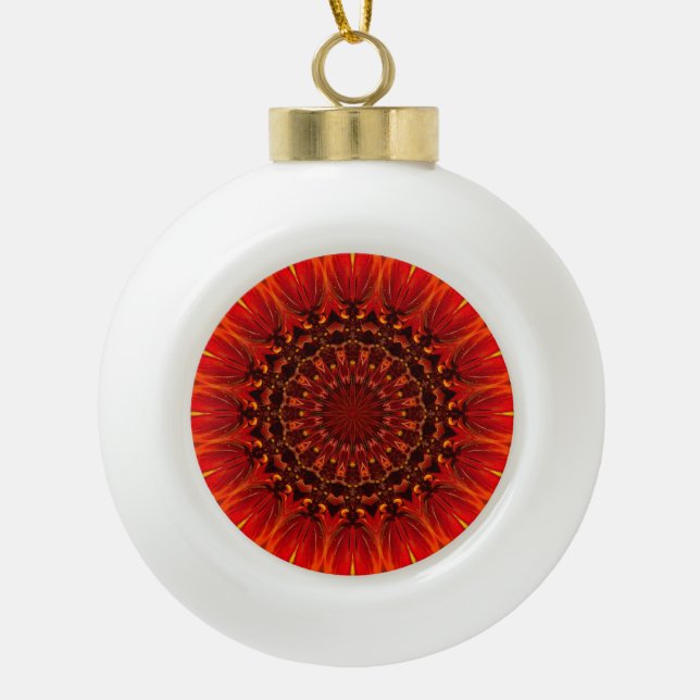 Deep Red Rudbeckia Floral Mandala Ceramic Ball Christmas Ornament (Front)