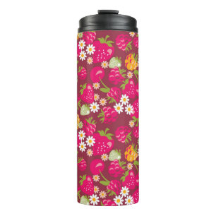 Deep red seamless fabric sample of berries thermal tumbler