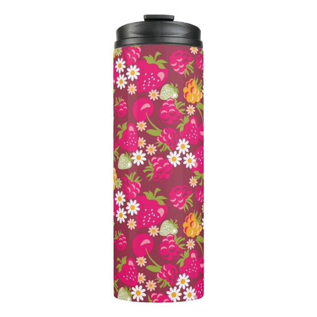 Deep red seamless fabric sample of berries thermal tumbler (Front)