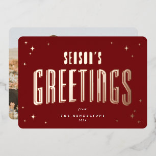 Deep Red Season's Greetings Retro Stars Photo Foil Holiday Card
