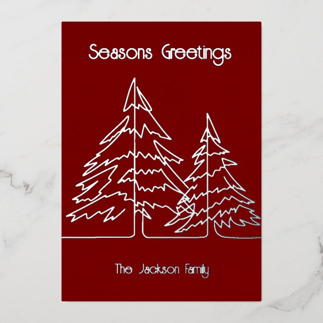 Deep Red & Silver Graphic Christmas Tree Minimal   Foil Holiday Card (Front)