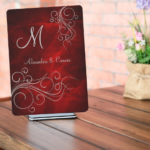 Deep Red Silver Swirl Monogram Formal Wedding Invitation