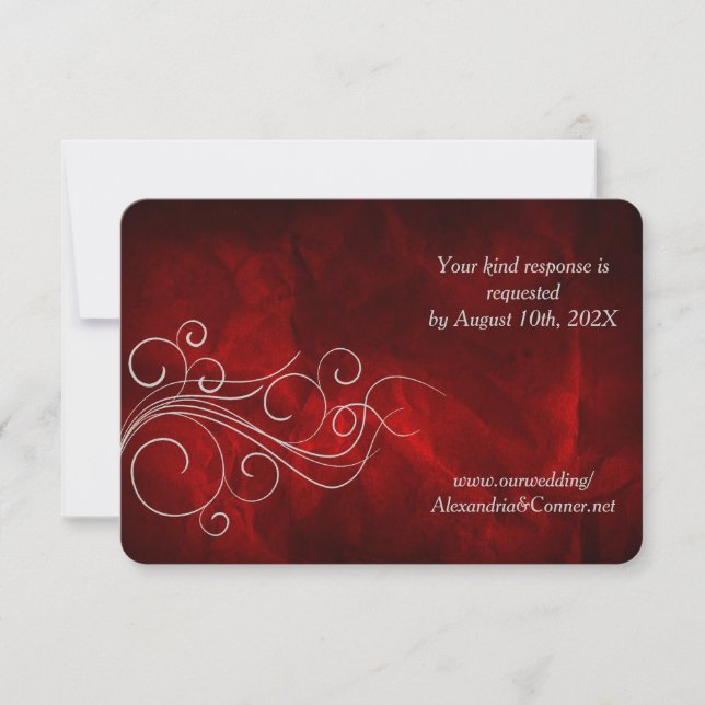 Deep Red Silver Swirl Wedding RSVP Card (Front)