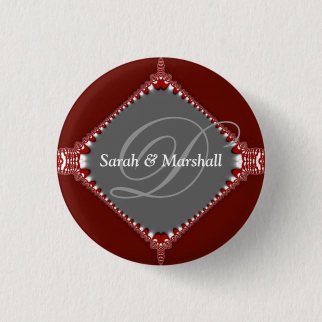 Deep Red+Silver Wedding Monogram Button (Front)