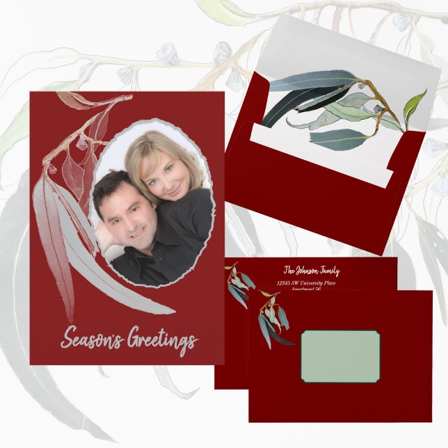 Deep Red & Soft green leaves minimal Christmas Holiday Card (Creator Uploaded)