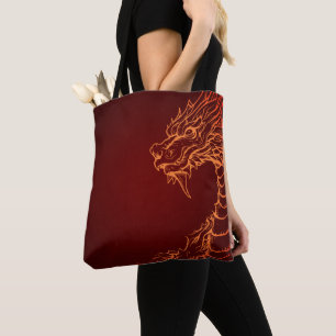 Deep Red Tote Bag with Colourful Dragon Print